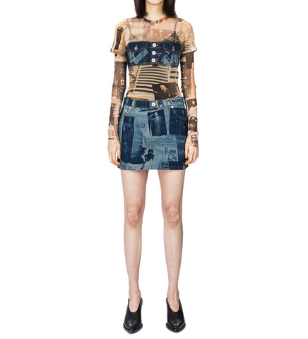 MINI SKIRT WITH NEWSPAPER PRINT INDIGO/BEIGE