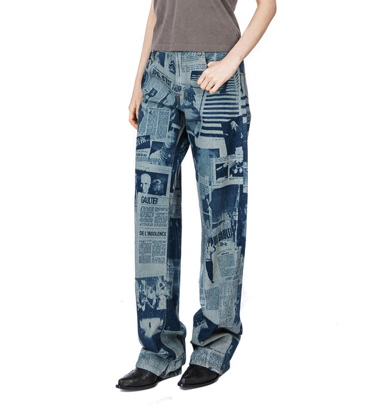JEANS WITH NEWSPAPER PRINT INDIGO/BEIGE