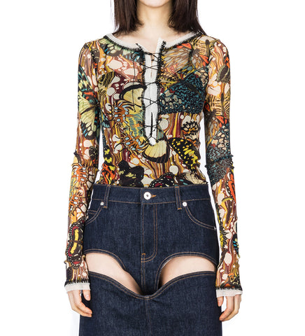 MESH LONG SLEEVE TOP WITH LACING DETAILS PRINTED PAPILLON YELLOW/MULTI