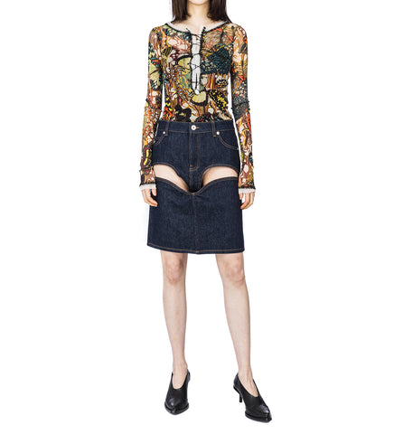 DENIM MINI SKIRT WITH CUTS AND TURN UP INDIGO