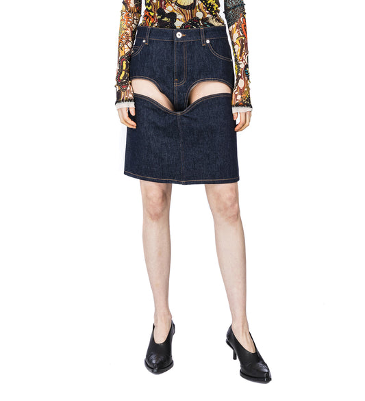 DENIM MINI SKIRT WITH CUTS AND TURN UP INDIGO