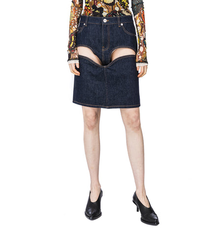 DENIM MINI SKIRT WITH CUTS AND TURN UP INDIGO