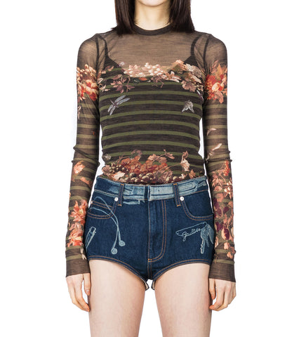 MESH LONG SLEEVE TOP PRINTED MARINIERE GRAPE KHAKI/MULTI