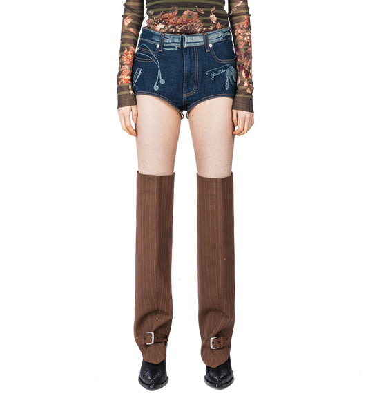 DENIM MINI SHORTS WITH TROMPE L'OEIL PRINT VINTAGE BLUE