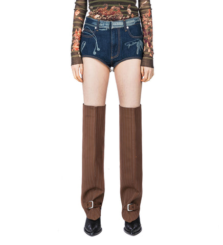 DENIM MINI SHORTS WITH TROMPE L'OEIL PRINT VINTAGE BLUE