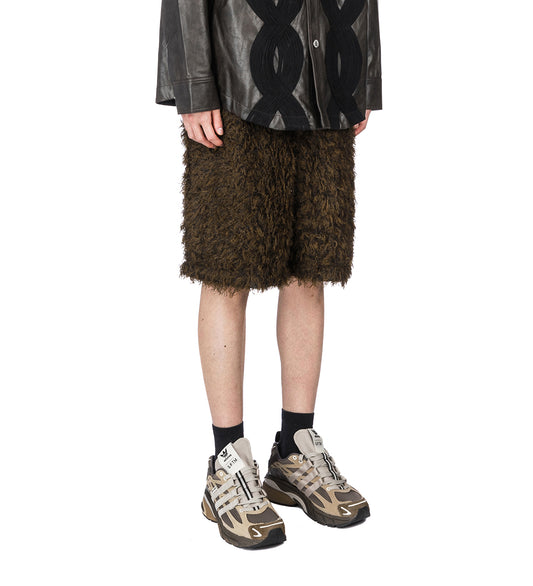 ELASTICATED SHAGGY SHORTS BLACK/BROWN