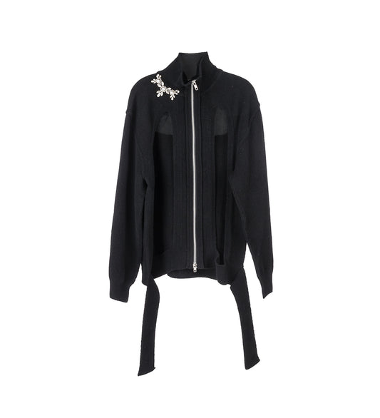 ZIP UP CUT OUT WINDOW CARDIGAN BLACK/PEARL/CLEAR