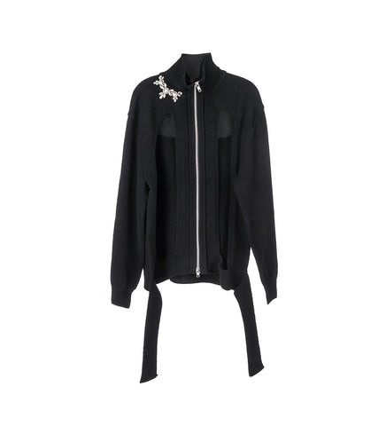 ZIP UP CUT OUT WINDOW CARDIGAN BLACK/PEARL/CLEAR