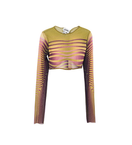 CROPPED TOP LONG SLEEVES FLEUR MORPHING STRIPES GREEN/PURPLE