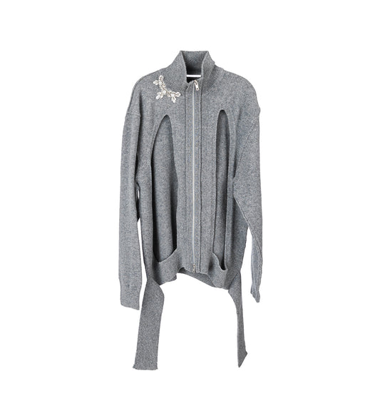 ZIP UP CUT OUT WINDOW CARDIGAN PEBBLE/PEARL/CLEAR