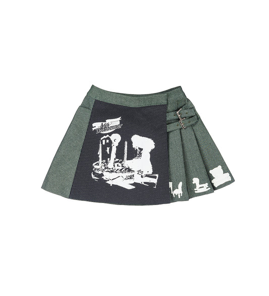 PLEATS SKIRT GREEN LAME DENIM