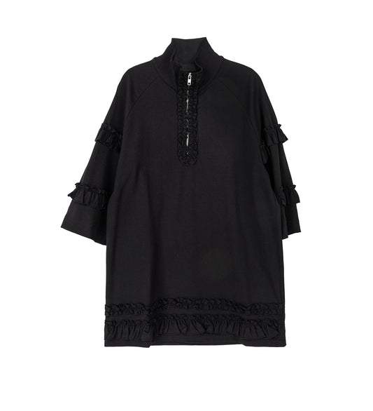 MOCK NECK RUFFLE FRILL ZIP T-SHIRT