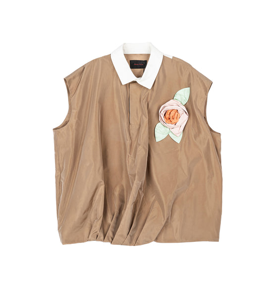 DRAPED BUBBLE HEM PRESSED ROSSETTE TOP TOFFEE/MULTI