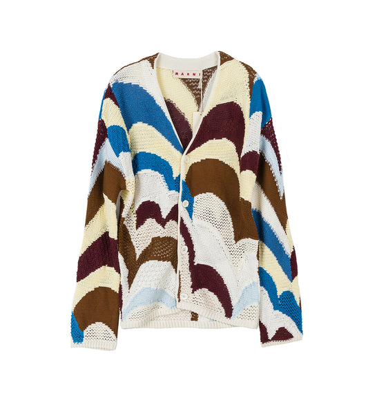 CROCHET-EFFECT CARDIGAN BURGUNDY AND BLUE