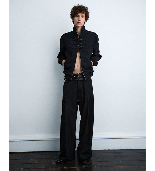 DOUBLE LEATHER BELT PLEATED TROUSERS V1 BLACK