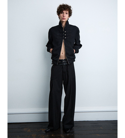 DOUBLE LEATHER BELT PLEATED TROUSERS V1 BLACK