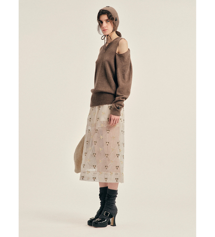 RELAXED CASHMERE SLASH V-NECK JUMPER W/ EMB PEAT/JET