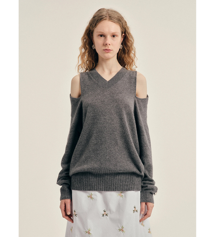 RELAXED CASHMERE SLASH V-NECK JUMPER W/ EMB GREY/PEARL/CLEAR