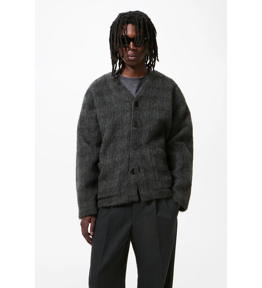CARDIGAN FUZZED PLUM CHECK HAIRY WOOL