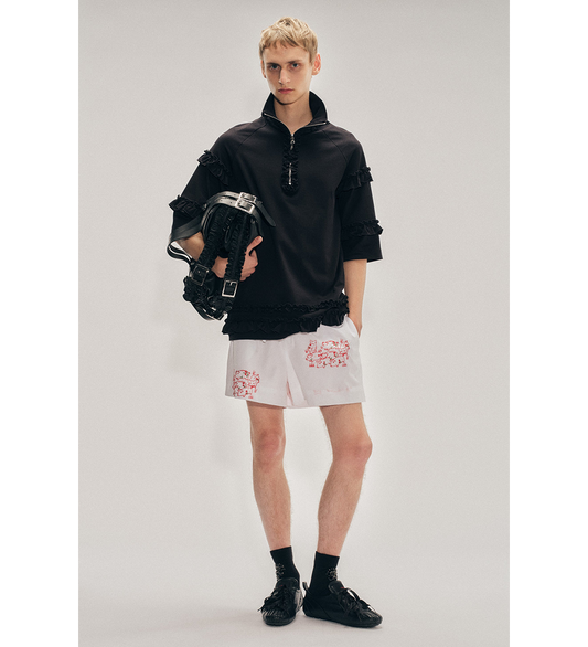 MOCK NECK RUFFLE FRILL ZIP T-SHIRT