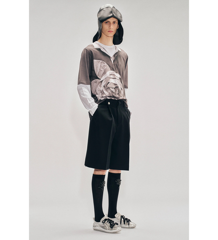 TAILORED WIDE LEG BELT LOOP TAB SHORTS W/DAISY BLACK