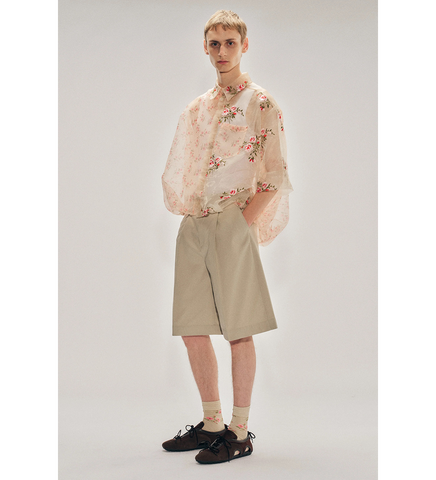 SHEER PATCHWORK BALLOON HEM SHIRT NUDE