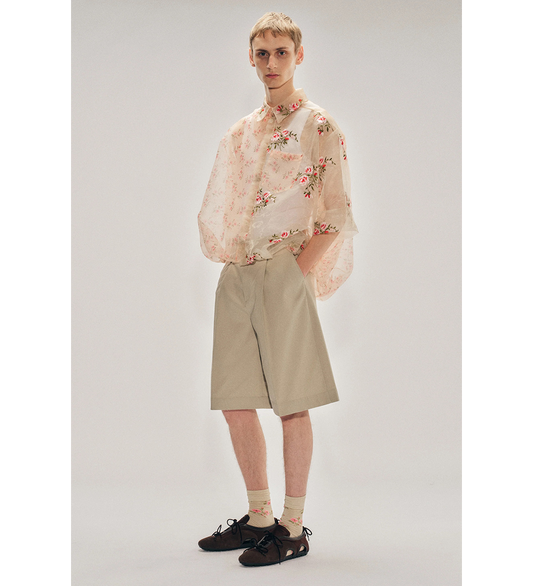 TAILORED WIDE LEG BELT LOOP TAB SHORTS W/DAISY SAND