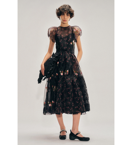 SHEER PUFF SLEEVE PATCHWORK FLOUNCE DRESS BLACK