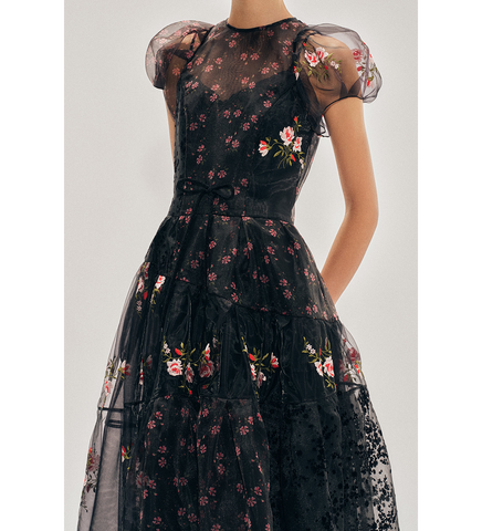 SHEER PUFF SLEEVE PATCHWORK FLOUNCE DRESS BLACK