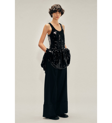 TAPERED BACK PEPLUM MINI DRESS BLACK