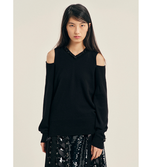 RELAXED CASHMERE SLASH V-NECK JUMPER W/ EMB BLACK/JET