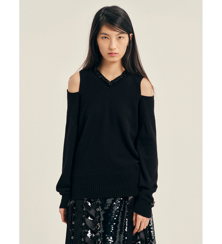 RELAXED CASHMERE SLASH V-NECK JUMPER W/ EMB BLACK/JET
