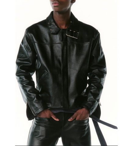 COLLAR BELT LEATHER JACKET BLACK