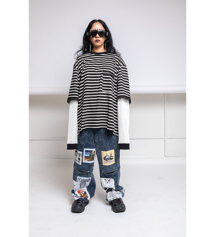 STRIPED LACE DOUBLE SHIRT BLACK