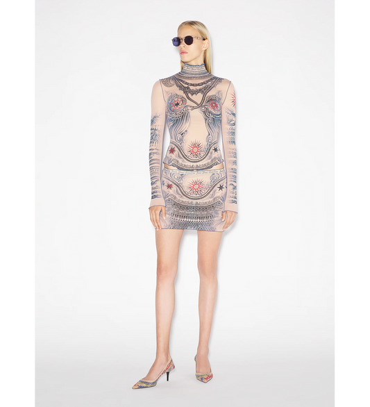 TATTOO COLLECTION SOLEIL LONG SLEEVES HIGH NECK TOP NUDE / BLUE / RED
