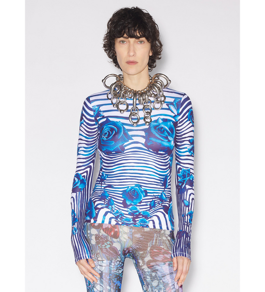 JERSEY LONG SLEEVES TOP PRINTED "FLOWER BODY MORPHING" WHITE/NAVY/AQUA