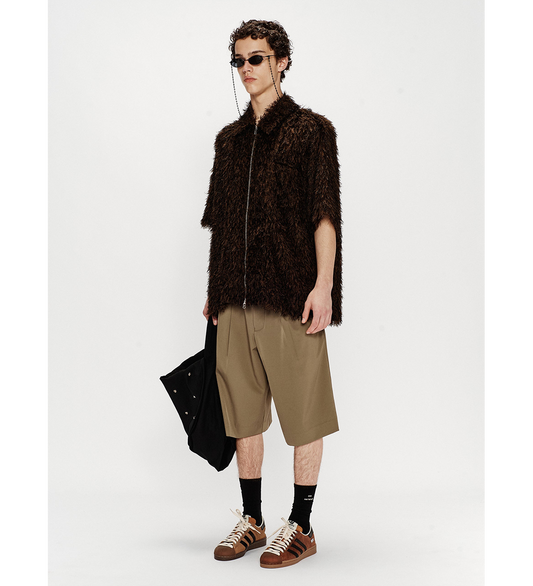 SHAGGY ZIP UP BOX SHIRT BLACK/BROWN