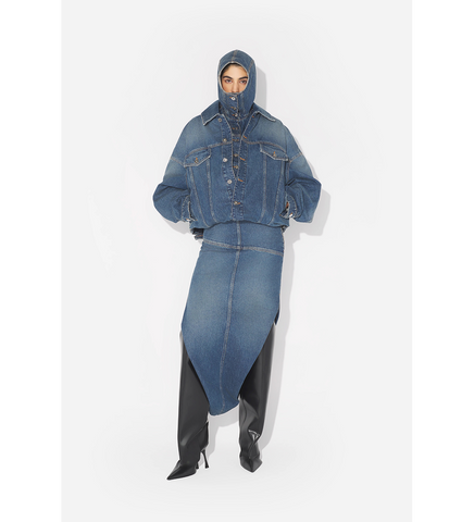 DOUBLE LAYER DENIM JACKET WITH HOOD DETAIL VINTAGEBLUE
