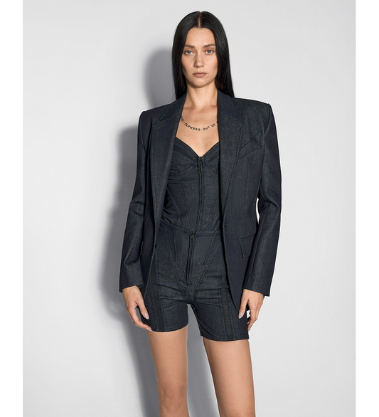 MESH LACED-UP RAW DENIM SHORTS BLACK