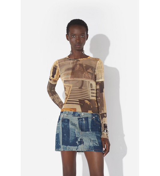 MESH DOUBLE SLEEVES BABY TEE PRINTED JOURNAL ECRU/LIGHT GREY/RED