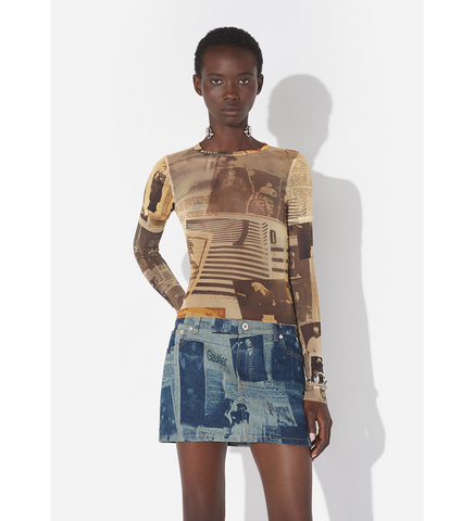 MINI SKIRT WITH NEWSPAPER PRINT INDIGO/BEIGE