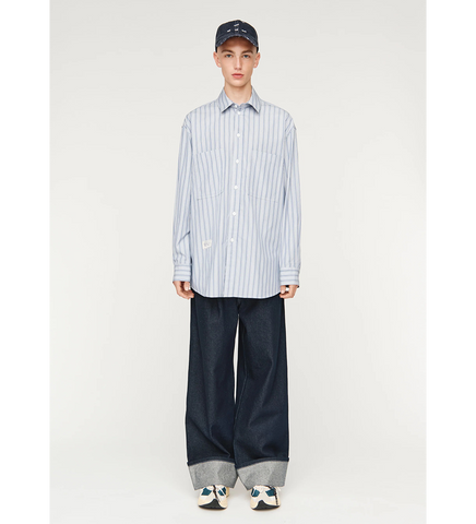 L/S PLEATED BOX SHIRT LIGHT BLUE STRIPE