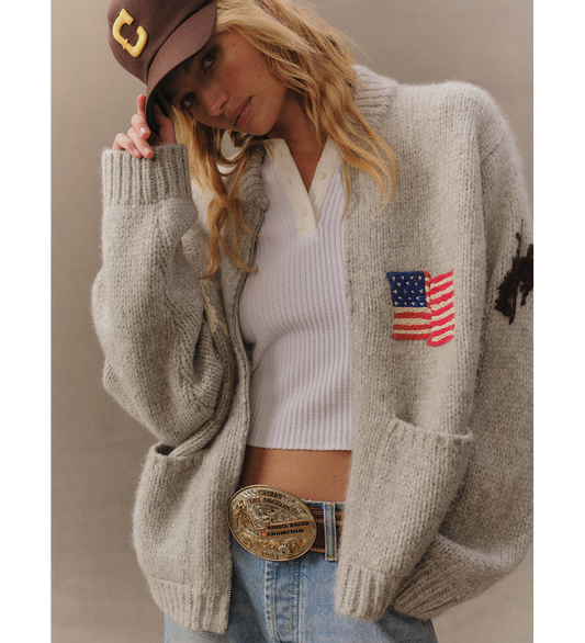 USA KNIT ZIP BOMBER HEATHER GREY
