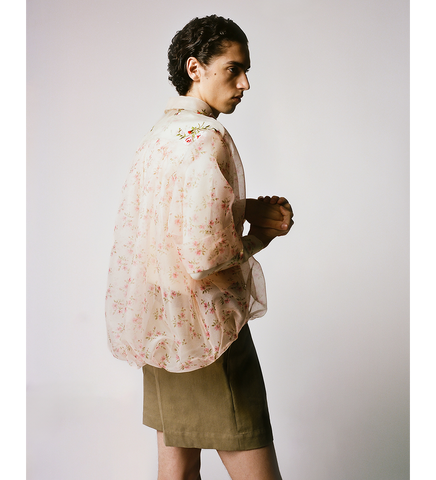 SHEER PATCHWORK BALLOON HEM SHIRT NUDE