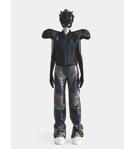 SCI-FI BIKER LEATHER TROUSERS SILVER/BLUE