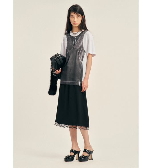PATCHWORK SATIN TROMPE L'OEIL PRINT T-SHIRT WHITE/BLACK