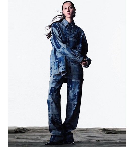 DENIM SHIRT WITH NEWSPAPER PRINT INDIGO/BEIGE