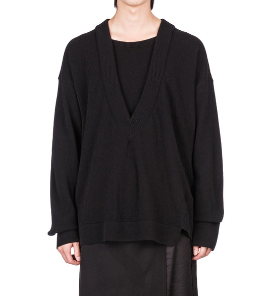 BIENVILLE DOUBLE COLLAR V-NECK SWEATER BLACK