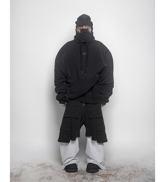 MESH SHOULDER TOWEL HOODIE WASHED BLACK