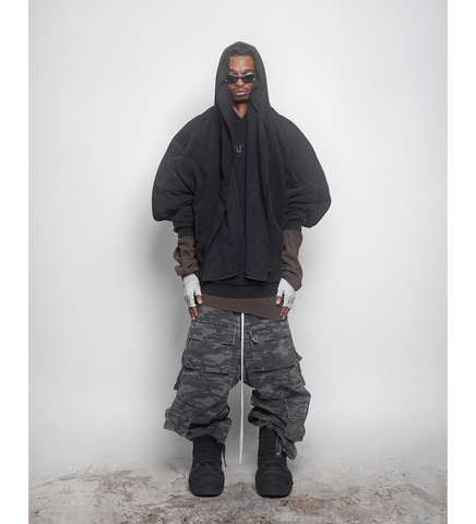MESH SHOULDER TOWEL HOODIE WASHED BLACK